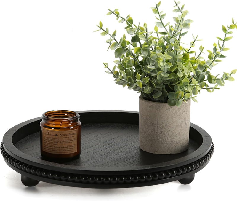 SYNCVIBE Wooden Beaded Decor Tray for Coffee Table, Rustic Wooden Trays Table Centerpieces, Decorative Trays for Home Decor Kitchen Table Farmhouse Serving Tray (Round Black) - Image 1